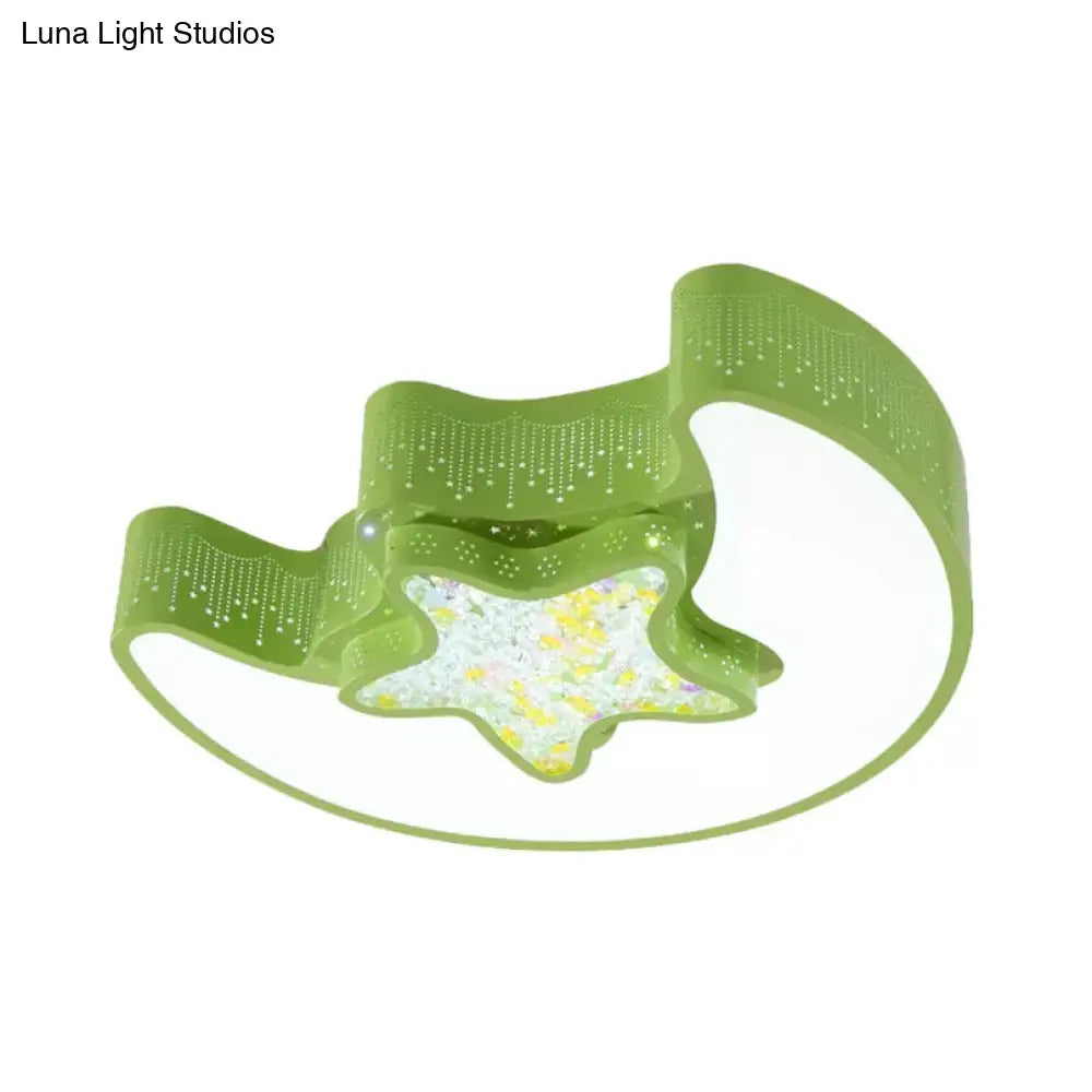 18/21.5 Star And Moon Macaron Led Flush Mount Lamp Metal Ceiling Light In White/Pink/Blue/Green