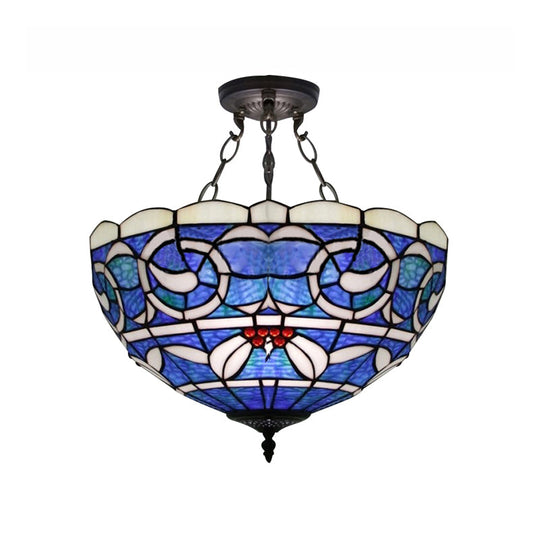 Tiffany Rustic 3-Light Inverted Semi Flushmount Ceiling Light With Stained Glass Bowl Shade