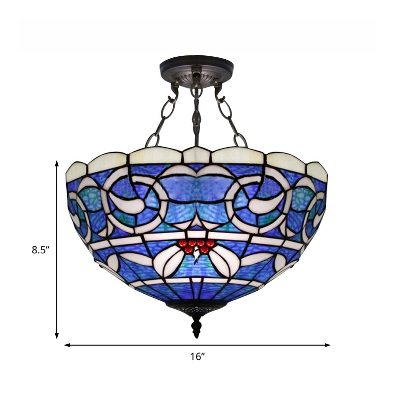 Tiffany Rustic 3-Light Inverted Semi Flushmount Ceiling Light With Stained Glass Bowl Shade