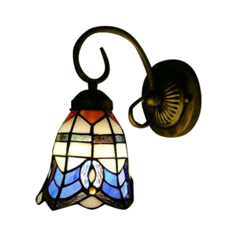 Baroque Style Grid Bell Wall Light Stained Glass Sconce For Kitchen - Beige (8/6 W)
