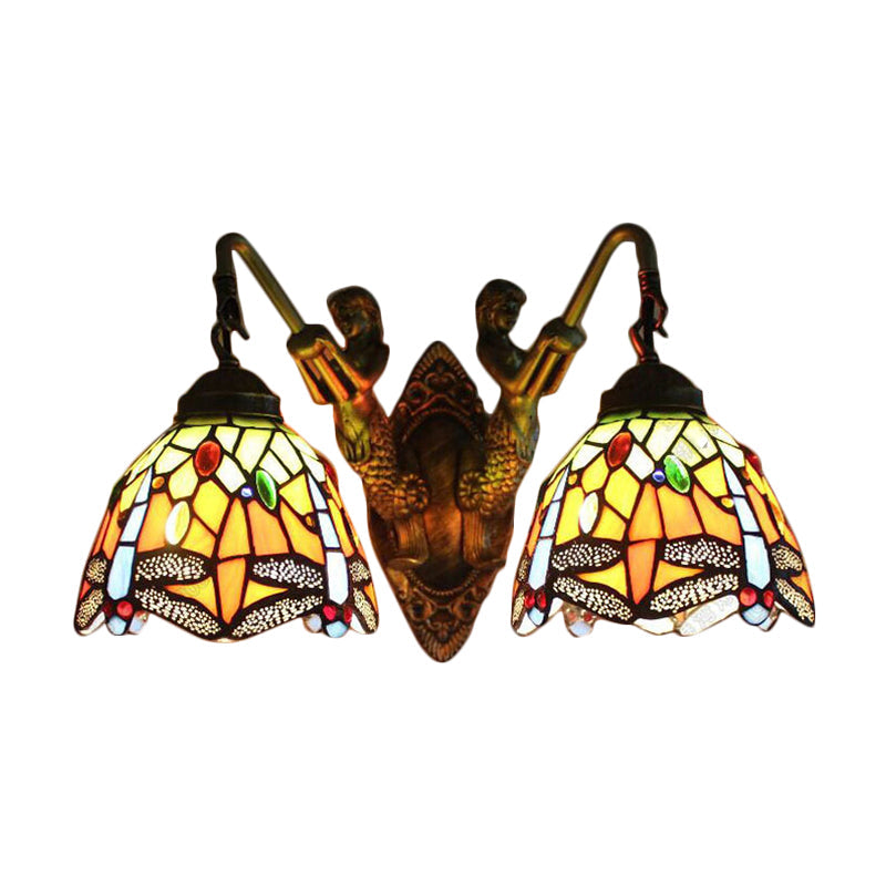 Baroque Dragonfly Wall Light With 2 Orange Glass Sconces - Optional Switch