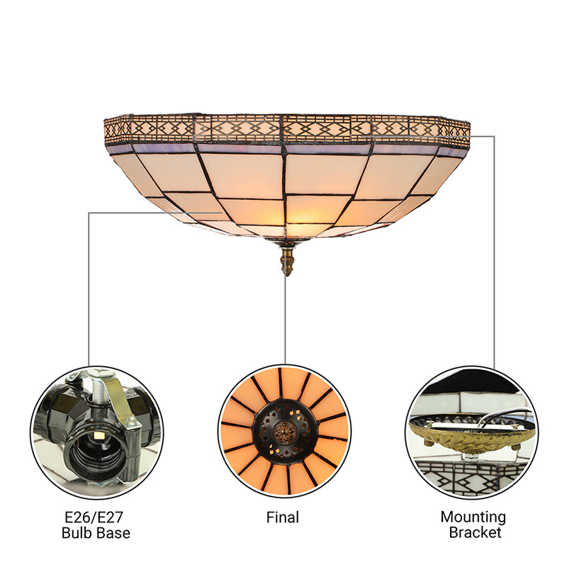 Bowl Flush Ceiling Light 8’/8.5’/10’ Stained Glass 3 Lights In Beige - Traditional Lighting