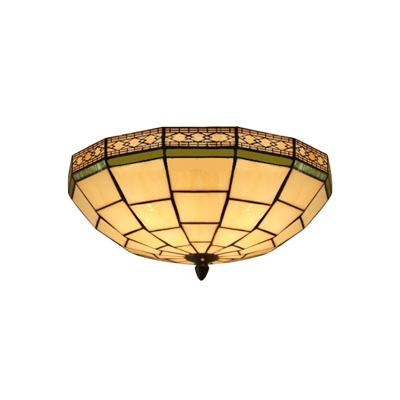 Bowl Flush Ceiling Light 8’/8.5’/10’ Stained Glass 3 Lights In Beige - Traditional Lighting