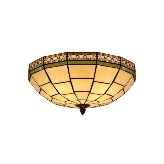 Bowl Flush Ceiling Light 8’/8.5’/10’ Stained Glass 3 Lights In Beige - Traditional Lighting