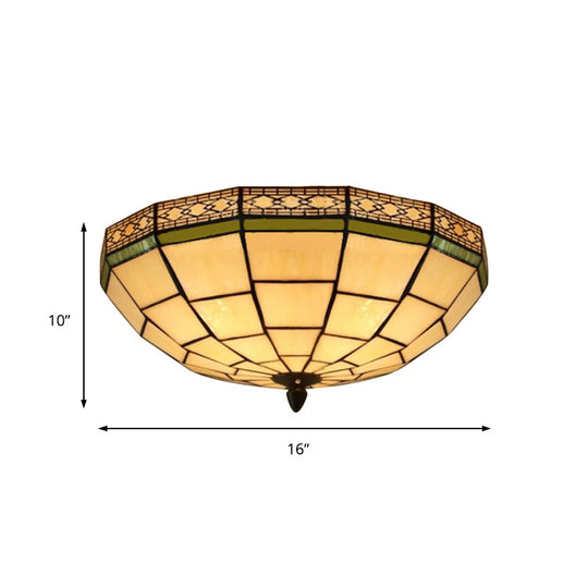Bowl Flush Ceiling Light 8’/8.5’/10’ Stained Glass 3 Lights In Beige - Traditional Lighting