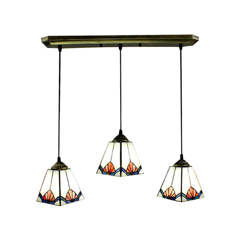 White Pyramid Cluster Pendant With Stained Art Glass - Industrial Ceiling Hang Fixture For Living