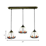 Stained Glass Industrial Pendant Light With 3 Bulbs For Living Room