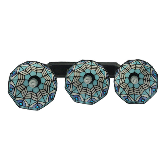 Blue Hand-Cut Glass Pendant Light With Mediterranean Charm - 3 Head Hemisphere Cluster Round/Linear