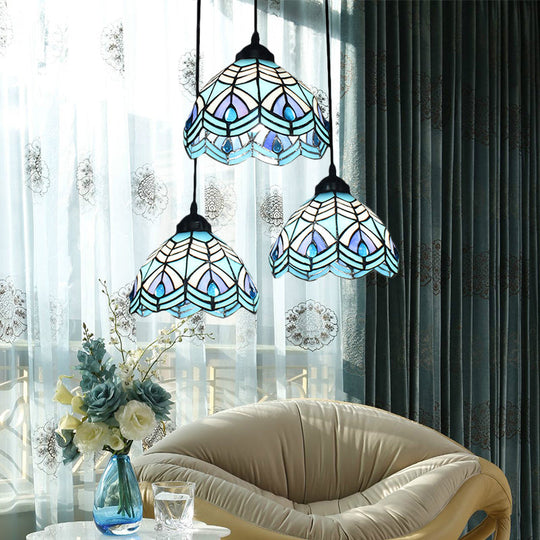 Blue Hand-Cut Glass Pendant Light With Mediterranean Charm - 3 Head Hemisphere Cluster Round/Linear