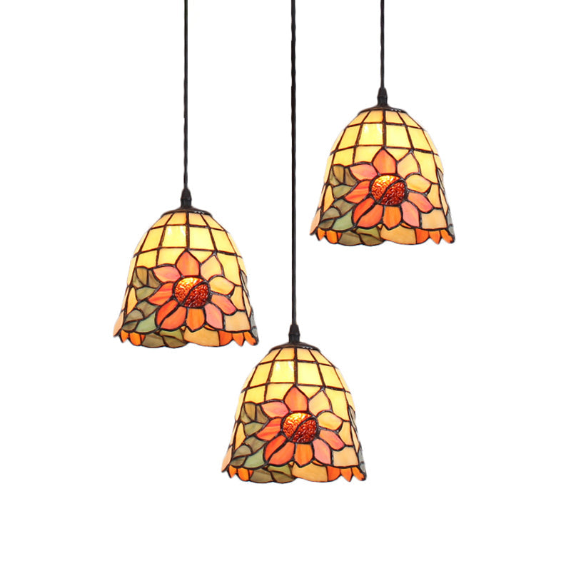 Tiffany Bell Orange Handcrafted Art Glass Pendant Light With 3 Clustered Heads - Unique Suspension