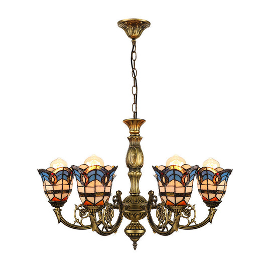 Baroque Peacock Tail Chandelier With 6 Vintage Stained Glass Pendants In Antique Bronze