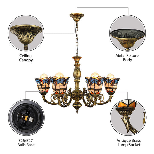 Vintage Stained Glass Peacock Chandelier With 6-Light Baroque Design In Antique Bronze