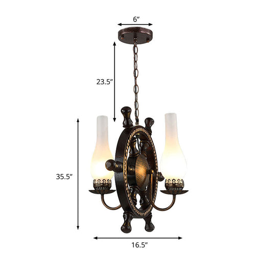 Industrial 2-Light Pendant With White Glass Bottle Shades - Oil Rubbed Bronze Chandelier