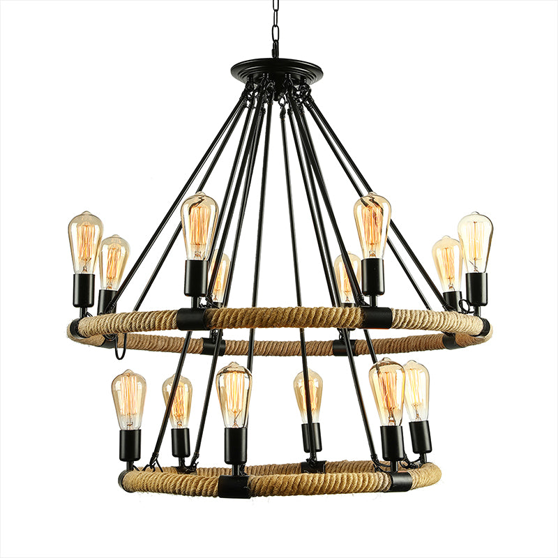Rustic Rope Ring Chandelier - Lodge Style Pendant Light With Adjustable Chain 6/8 Heads Black