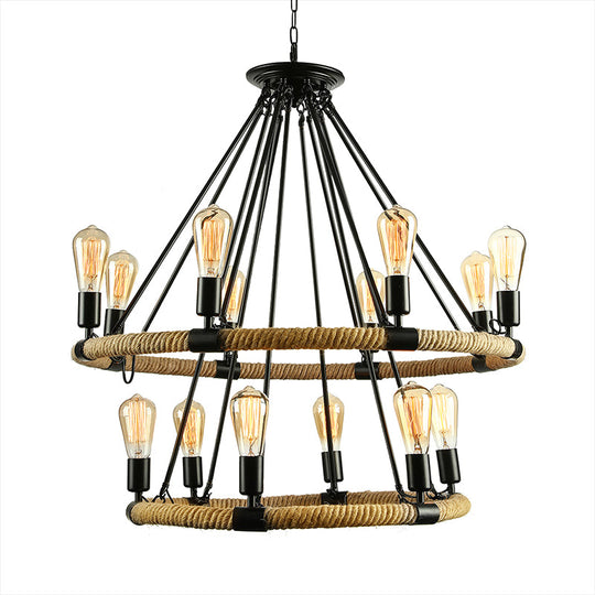 Rustic Rope Ring Chandelier - Lodge Style Pendant Light With Adjustable Chain 6/8 Heads Black