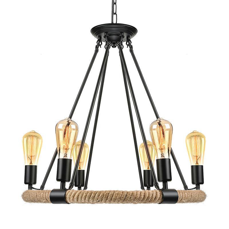 Rustic Rope Ring Chandelier - Lodge Style Pendant Light With Adjustable Chain 6/8 Heads Black