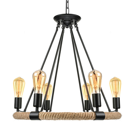 Rustic Rope Ring Chandelier - Lodge Style Pendant Light With Adjustable Chain 6/8 Heads Black
