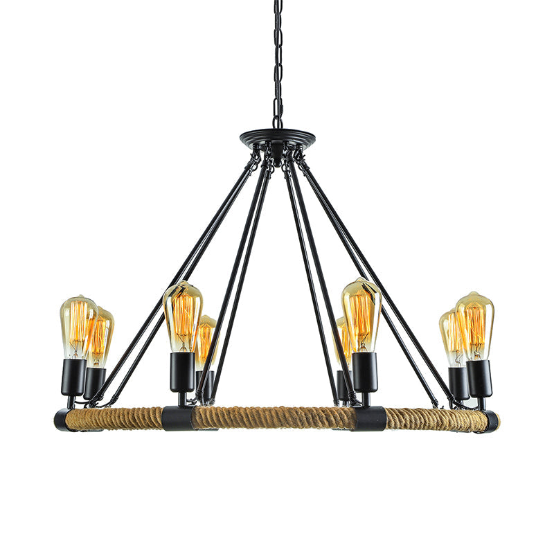 Rustic Rope Ring Chandelier - Lodge Style Pendant Light With Adjustable Chain 6/8 Heads Black