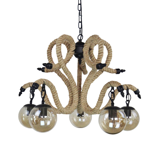 Vintage Amber Glass Ball Chandelier - 5-Light Pendant Lighting For Living Room With Rope Detail
