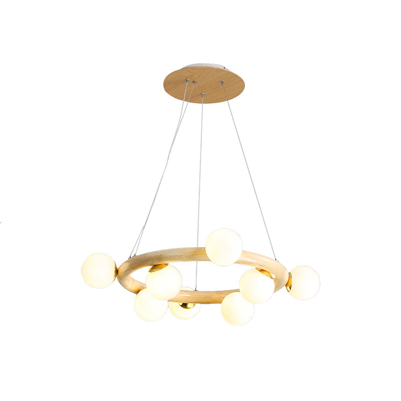 Modern Beige Ceiling Lamp With Frosted Glass Chandelier And Wood Circular Design – 8/10 Bulbs