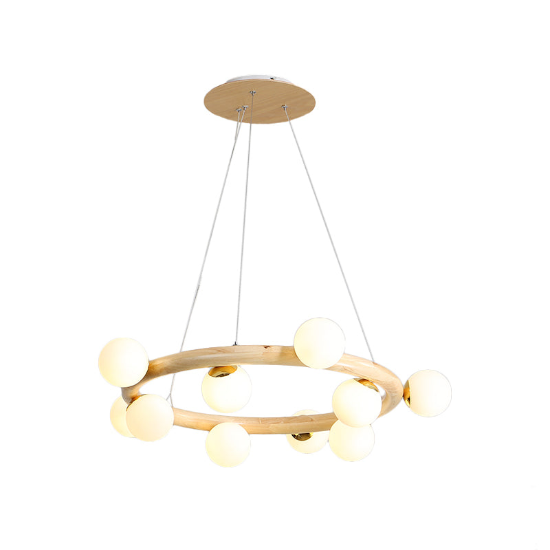 Modern Beige Ceiling Lamp With Frosted Glass Chandelier And Wood Circular Design – 8/10 Bulbs