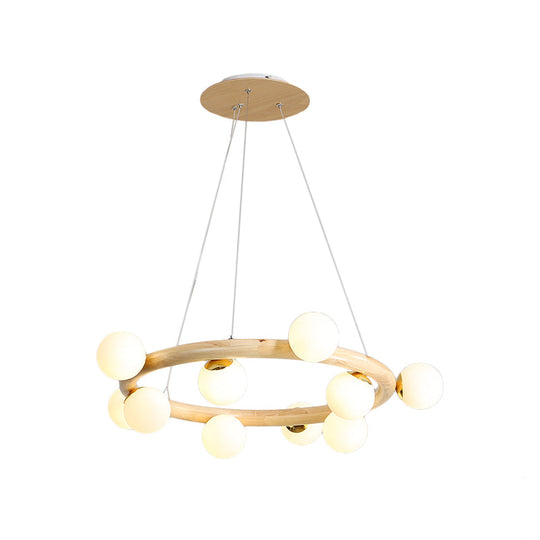 Modern Beige Ceiling Lamp With Frosted Glass Chandelier And Wood Circular Design – 8/10 Bulbs