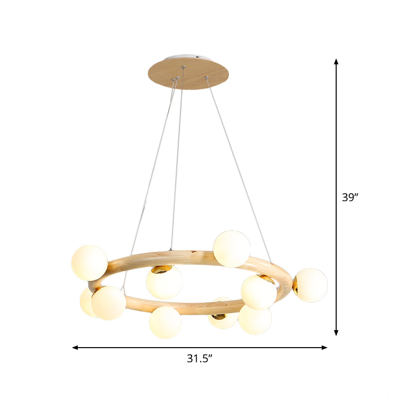 Modern Beige Ceiling Lamp With Frosted Glass Chandelier And Wood Circular Design – 8/10 Bulbs