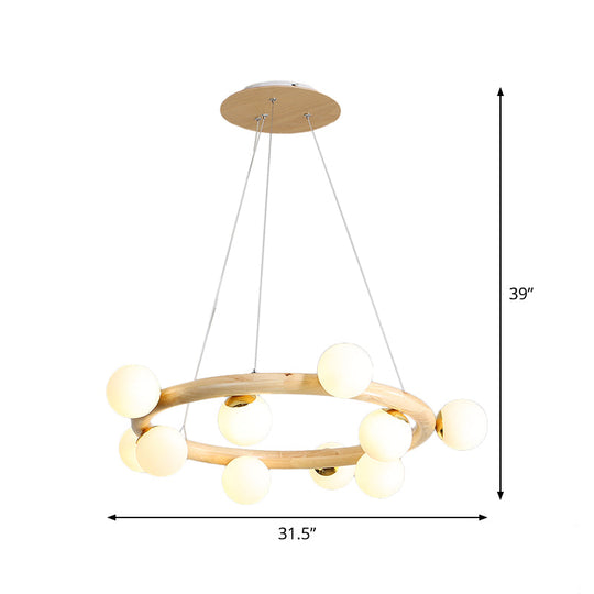 Modern Beige Ceiling Lamp With Frosted Glass Chandelier And Wood Circular Design – 8/10 Bulbs