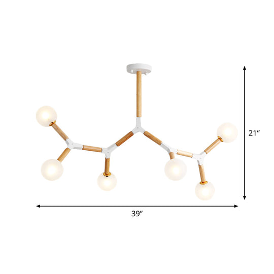 Wooden Branch Chandelier With 6 Lights Beige Hanging Lamp Kit And Frosted Glass Shade