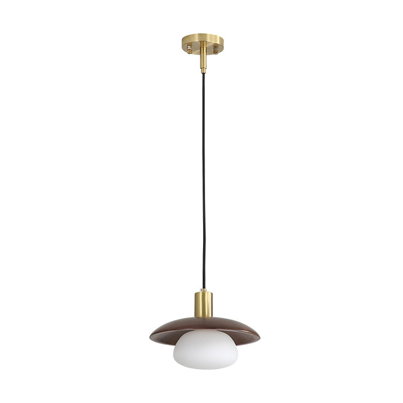 Modern White Glass Ball Suspension Lamp With Brown Wood Saucer Top