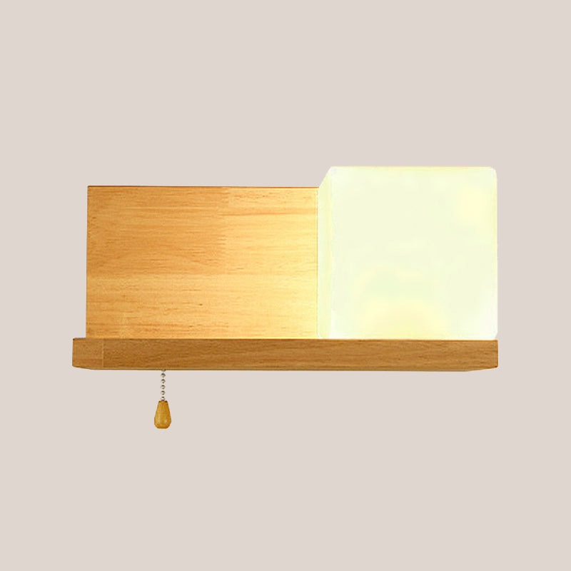 Cubic Wall Sconce Light With Opaque Glass And Wood Backplate In Beige