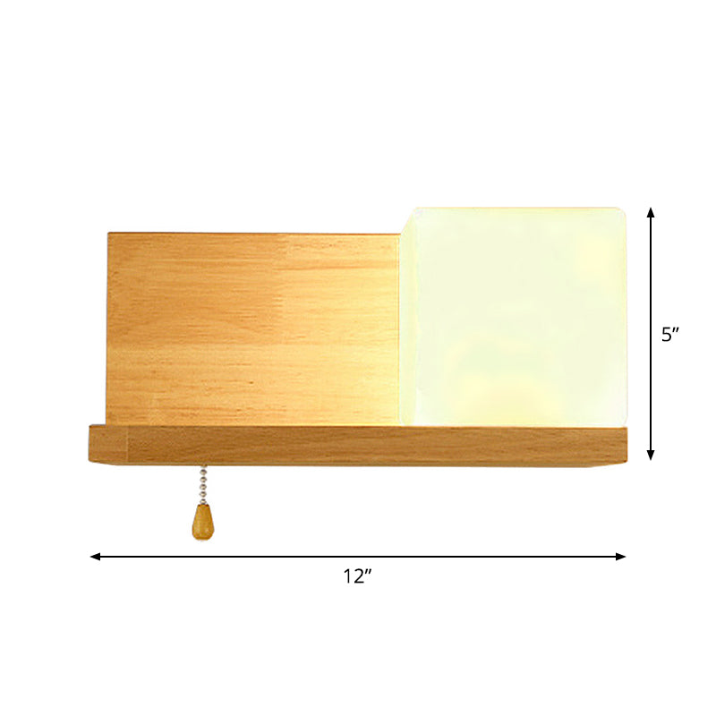 Cubic Wall Sconce Light With Opaque Glass And Wood Backplate In Beige