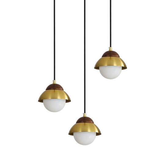 Sleek Brass Hanging Pendant Light Kit With Opal Glass Shades - Metal Dome & Multiple Lamp Design 3