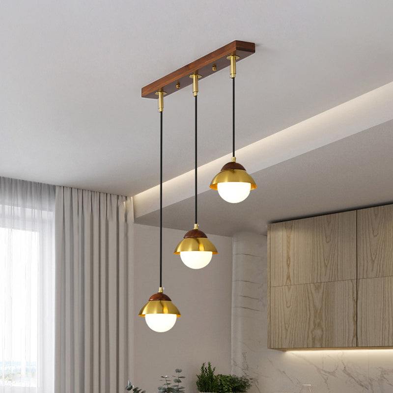 Metal Dome Pendant Light Kit With Opal Glass Shade - Simplicity Design Brass Finish Multiple Lamps