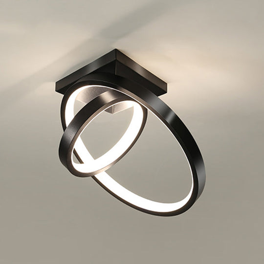 Sleek Circles Flush Lamp Fixture: Metallic Black/White Led Ceiling Mount In Warm/White Light