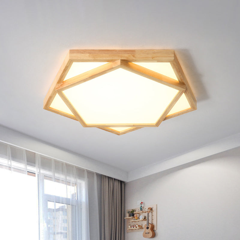 Pentagon Flush Mount Wood Led Ceiling Light In Beige - Available 3 Sizes And 2 Tones