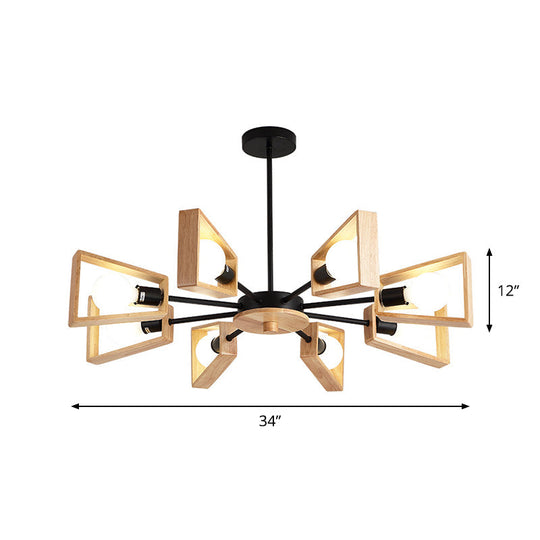 Modern Wood Trapezoid Chandelier With 8-Head Black Suspended Lamps And Radial Design