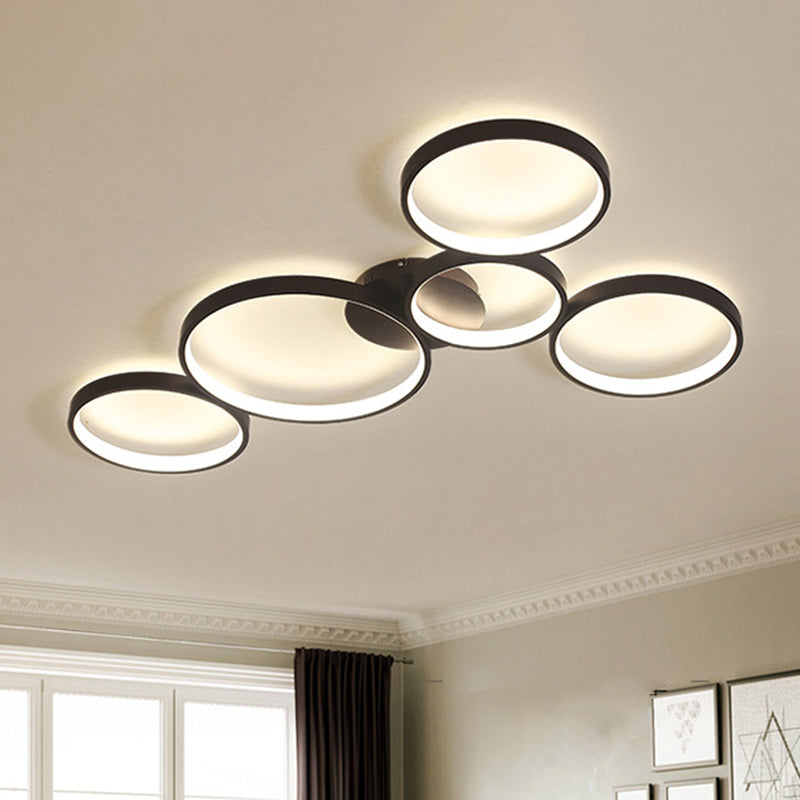 Modern Metal Bubble Rings Flush Mount Led Ceiling Light - 3/4/5 - Head Black Surface