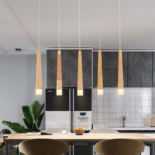 Minimalist Beige Suspension Light With Wood Shade - 3/5 Heads Dining Room Multi Pendant