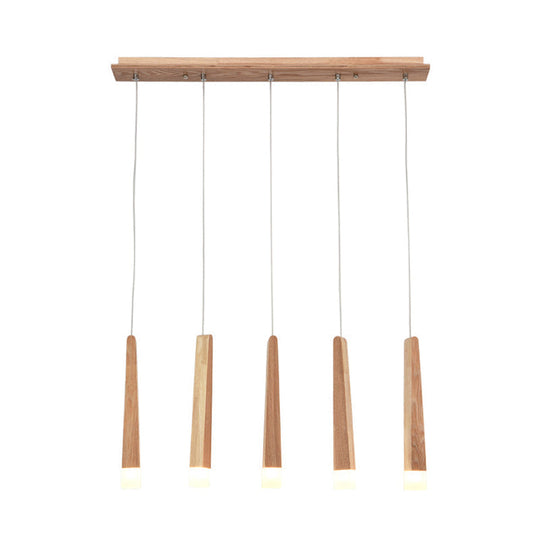 Minimalist Beige Suspension Light With Wood Shade - 3/5 Heads Dining Room Multi Pendant