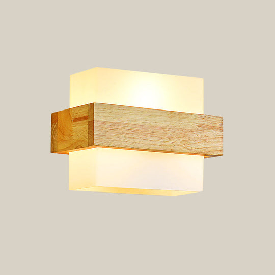 Minimalist Cube Wall Sconce With Opal Glass And Wood Detail