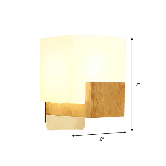 Minimalist Cube Wall Sconce With Opal Glass And Wood Detail