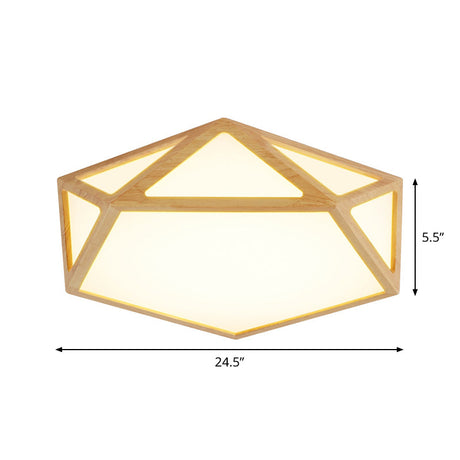 Pentagon Parlor Led Ceiling Fixture Minimalist Flush Lamp In Beige With Wood Frame - 16.5/20.5/24.5
