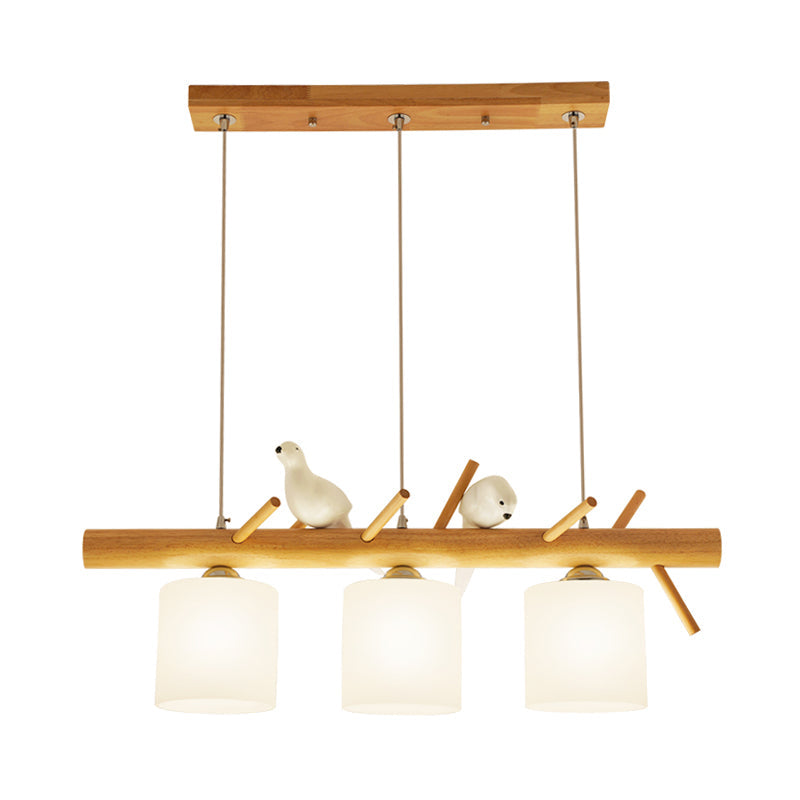 Beige Drum Island Lighting: Simple 2/3 Heads Pendant Lamp With Opaque Glass And Bird On Wood Branch