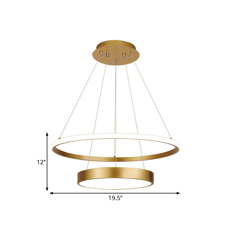 Modern 2-Tier Metallic Ring Led Chandelier In Gold - Warm/White Lighting