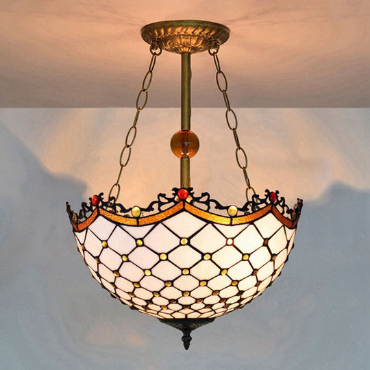 Stained Glass Semi Flushmount With Scalloped Inverted Design - 3 Lights For Traditional Living Room