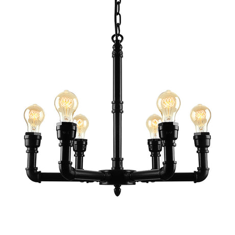 Vintage Metal Pendant Light With Water Pipe And Bare Bulbs - 3/6 Heads Hanging Chandelier In Black
