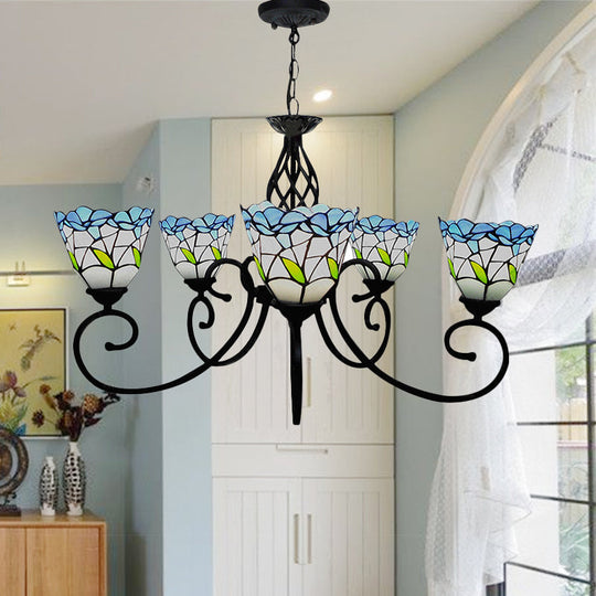Blue Stained Glass Chandelier With 5 Floral Tiffany-Style Pendants - Perfect For Living Room