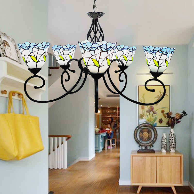 Blue Stained Glass Chandelier With 5 Floral Tiffany-Style Pendants - Perfect For Living Room