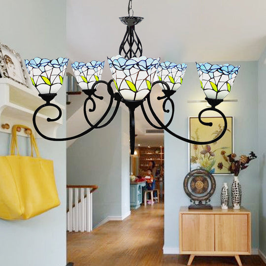 Blue Stained Glass Chandelier With 5 Floral Tiffany-Style Pendants - Perfect For Living Room